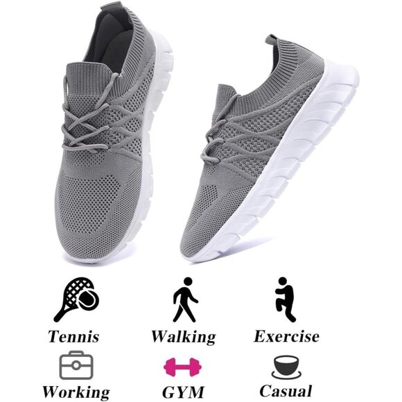 Womens Running Shoes Walking Tennis Sneakers Slip on Gym Workout Gray Mesh - Picture 6 of 6